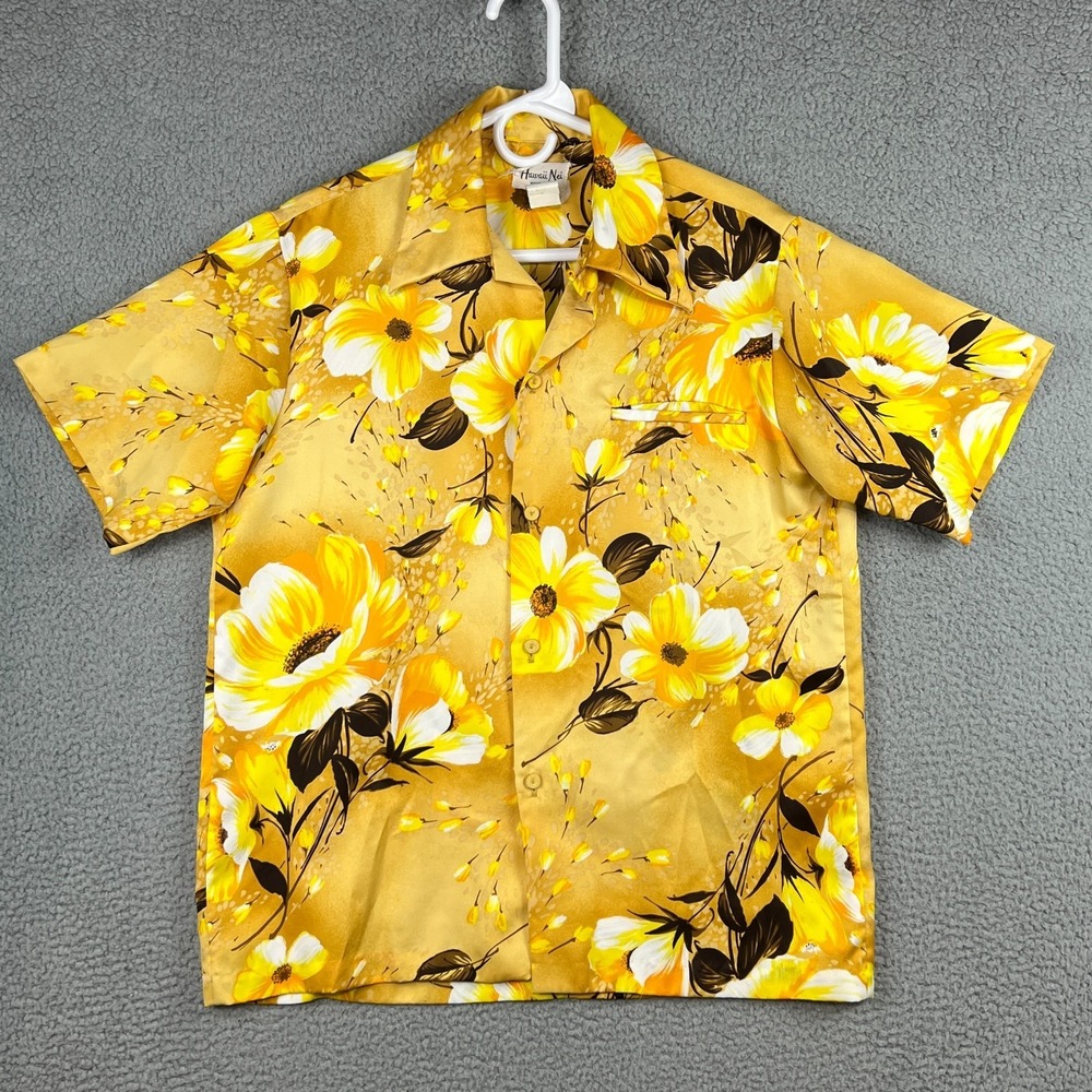 Vintage Hawaii Nei Honolulu Hawaiian Shirt Yellow Floral Short‎ Sleeve Size M